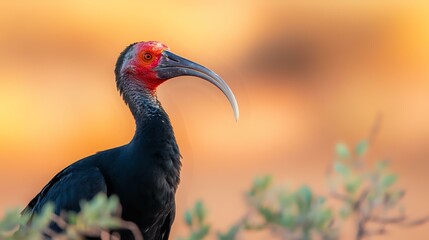 Fototapeta premium Southern bald ibis with distinctive red head and curved beak against warm sunset background, side profile view showing dark iridescent feathers and natural habitat.