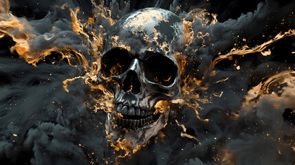Version of black ink explosion forming skull, generative ai. Gilded Skeleton Kings. Illustration