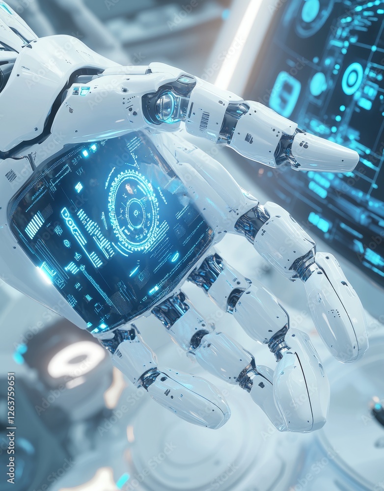 Poster a 3d visualization of a white humanoid robot hand utilizing digital gears
