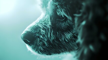 Dramatic side profile of wolf head with glowing turquoise backlight creating mystical atmosphere. Detailed fur texture and sharp features captured in moody lighting.