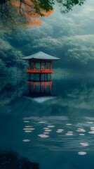 Serene red pavilion reflected in calm water, surrounded by lush green trees and misty atmosphere.