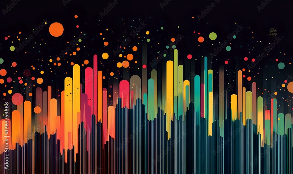 Poster vibrant audio equalizer bars in rainbow colors against dark background with floating particles creat