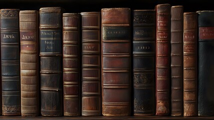 Row of vintage leather-bound books with gold lettering and ornate spines arranged on wooden shelf, showing aged textures and classic library atmosphere.