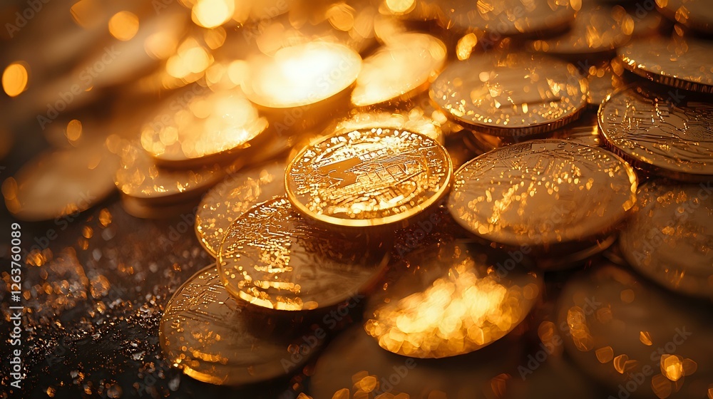 Poster golden coins scattered on dark surface with warm bokeh lights creating magical atmosphere for wealth