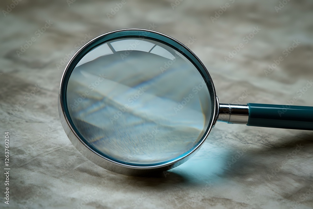 Aufkleber magnifying glass with metal frame on textured surface casting soft blue reflection, closeup view sho