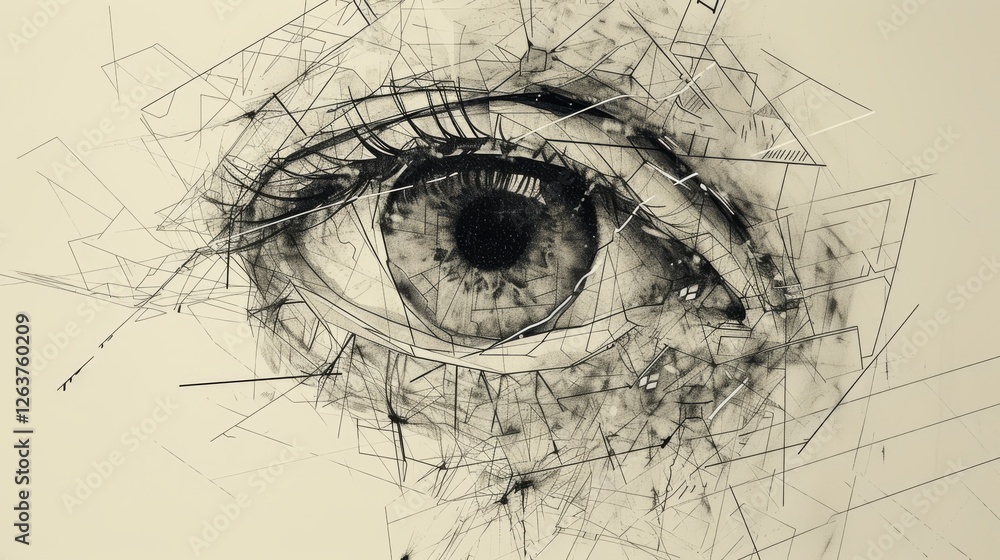 Poster a striking monochrome artwork featuring an abstract eye surrounded by intricate geometric lines and 