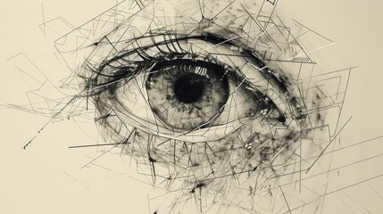 A striking monochrome artwork featuring an abstract eye surrounded by intricate geometric lines and shapes, creating a dynamic, modern composition. AI generated.