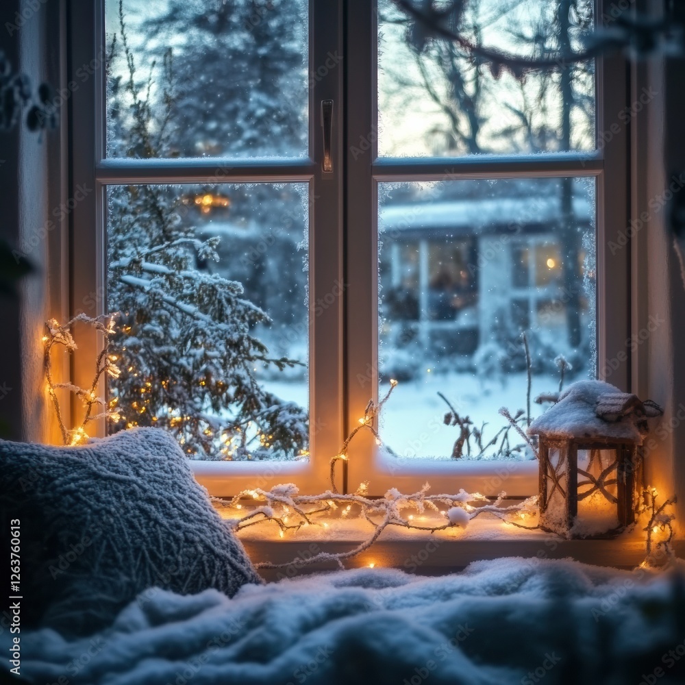 Poster Cozy winter window view with snow covered landscape and warm indoor lights in a tranquil evening setting. Generative AI