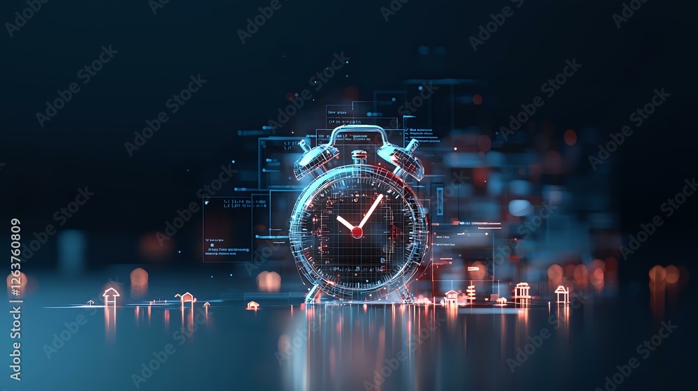 Poster futuristic holographic alarm clock with glowing digital elements floating in dark space, surrounded 