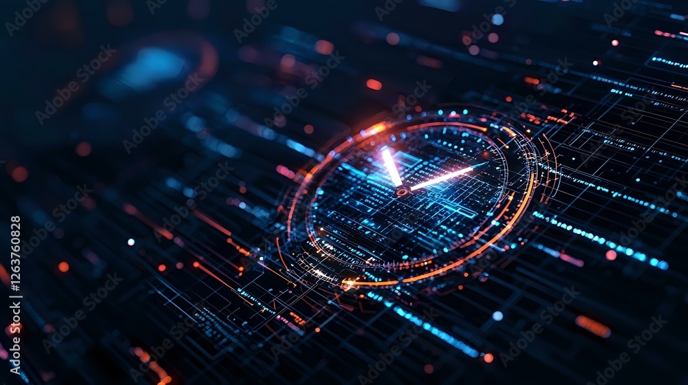 Poster futuristic digital technology concept with glowing circular interface and data streams in dark blue 