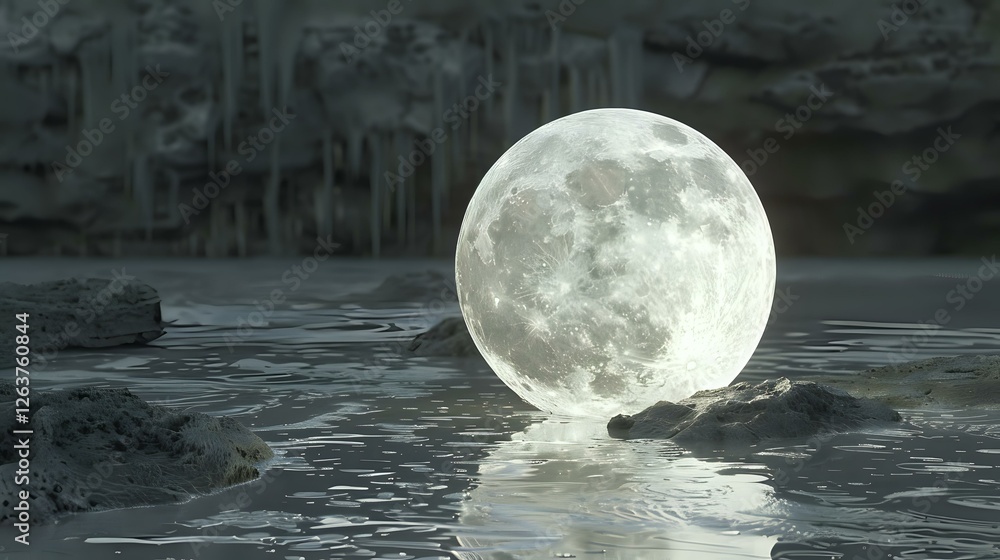 Poster full moon rising over dark rippling water surface with reflection, creating mysterious atmospheric n