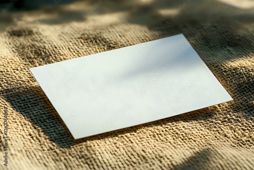 Poster blank white paper sheet on natural burlap textile background with soft shadows and copy space for te