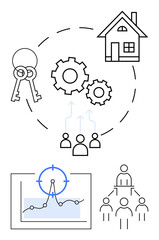 Keys, gears, house, and chart symbolize real estate strategies. Team icons highlight collaboration and decision-making. Ideal for real estate, teamwork, business planning, process optimization