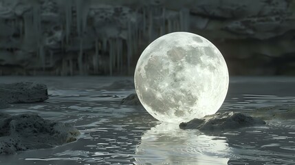 Full moon rising over dark rippling water surface with reflection, creating mysterious atmospheric night scene in monochromatic tones.