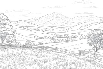 Serene Mountain Landscape Sketch,  Peaceful Hills
