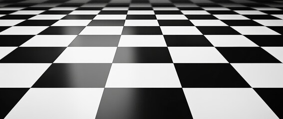 Obraz premium The black and white checkered tiles diminish in perspective to an abstract checkerboard texture landscape. A horizontal chessboard plane surface vanishes, set against a dark empty room background,