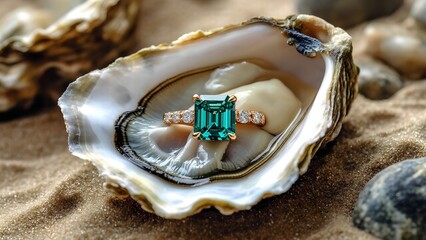 A shining emerald-cut diamond ring inside of an oyster, isolated on a sand background, a top-down view. An elegant and high-end jewerly composition. The minimalistic scene. Wedding proposal.