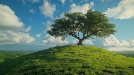 Obraz premium landscape photograph, On the right side of the image, there is single tree on a green hill. The sky is a bright blue with white fluffy clouds scattered across it. 4