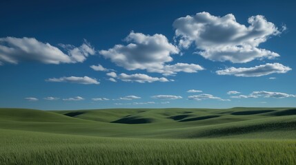 Obraz premium landscape photograph of a vast green field with a clear blue sky in the background. The sky is filled with white, fluffy clouds that are scattered across the horizon 3