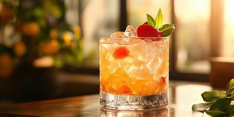 Refreshing cocktail with mint and berries placed on wooden table in cozy indoor setting during warm afternoon