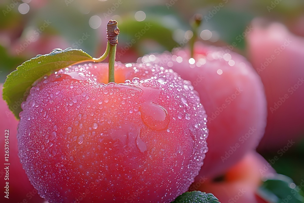 Aufkleber fresh red apple with water drops and morning dew on surface, green leaf attached, soft blurred backg