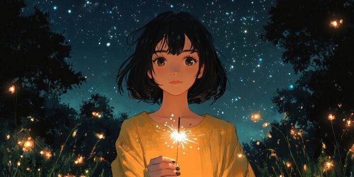 A radiant young woman holds a glowing sparkler, illuminating her expressive face as sparks dance towards the right. Her eyes sparkle with joy and mystery against the twilight backdrop, capturing a fle