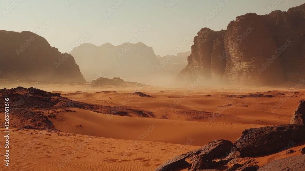 Poster majestic desert landscape with rocky formations and hazy mountains in the distance during golden hou