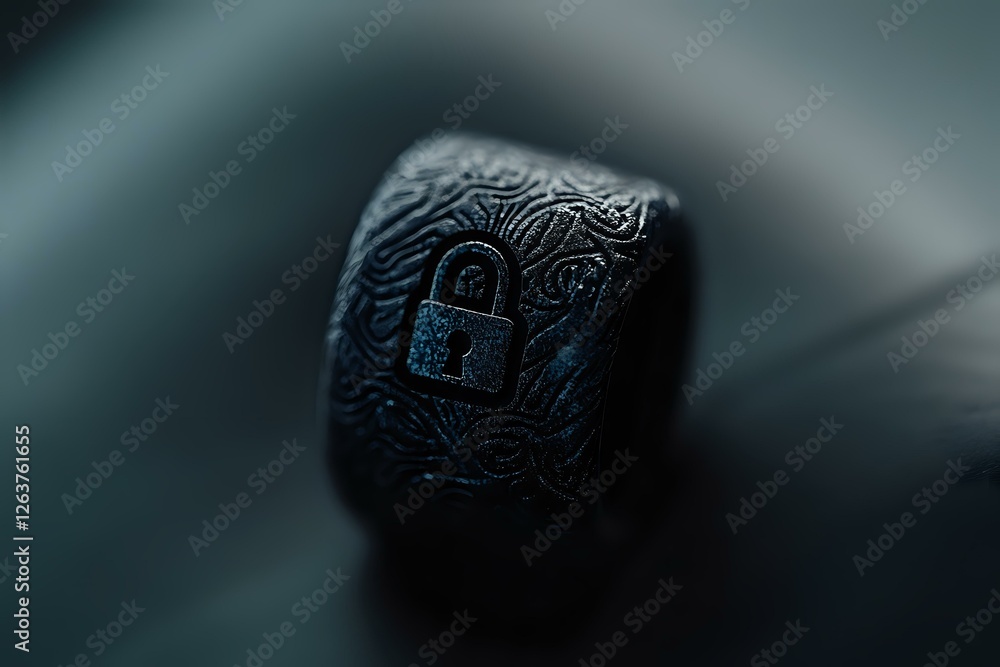 Aufkleber macro shot of black keycap with lock icon pattern, blue backlight glowing through engraved design on