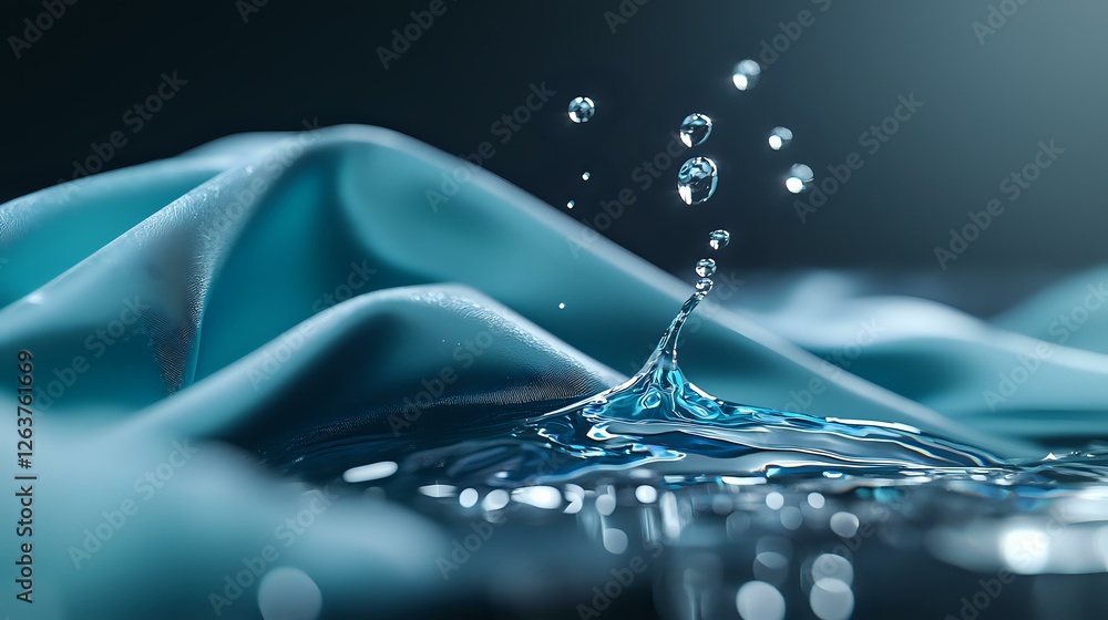 Poster macro photography of water drop splash creating crown shape with multiple droplets against turquoise