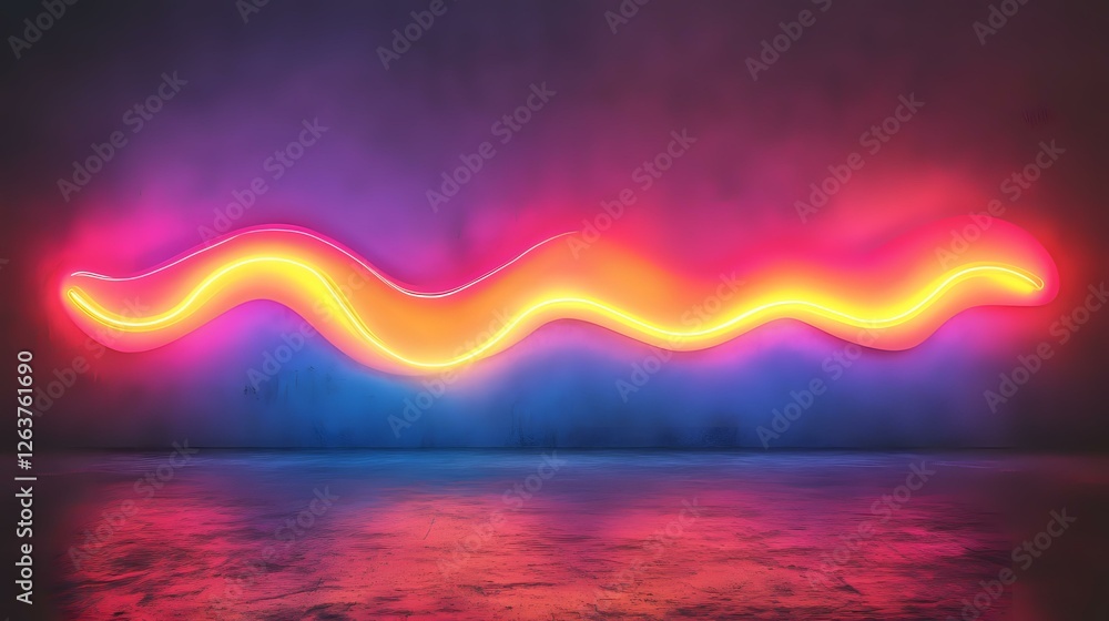 Poster glowing neon wave line reflects on wet surface against vibrant gradient background with pink and blu