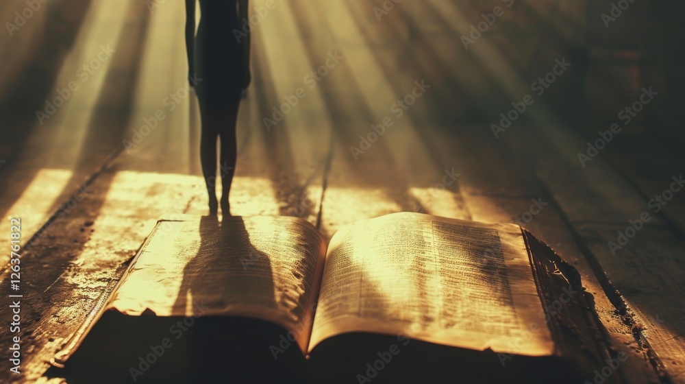 Poster an open book illuminated by beams of light with a shadowy figure in the background, creating an ethe