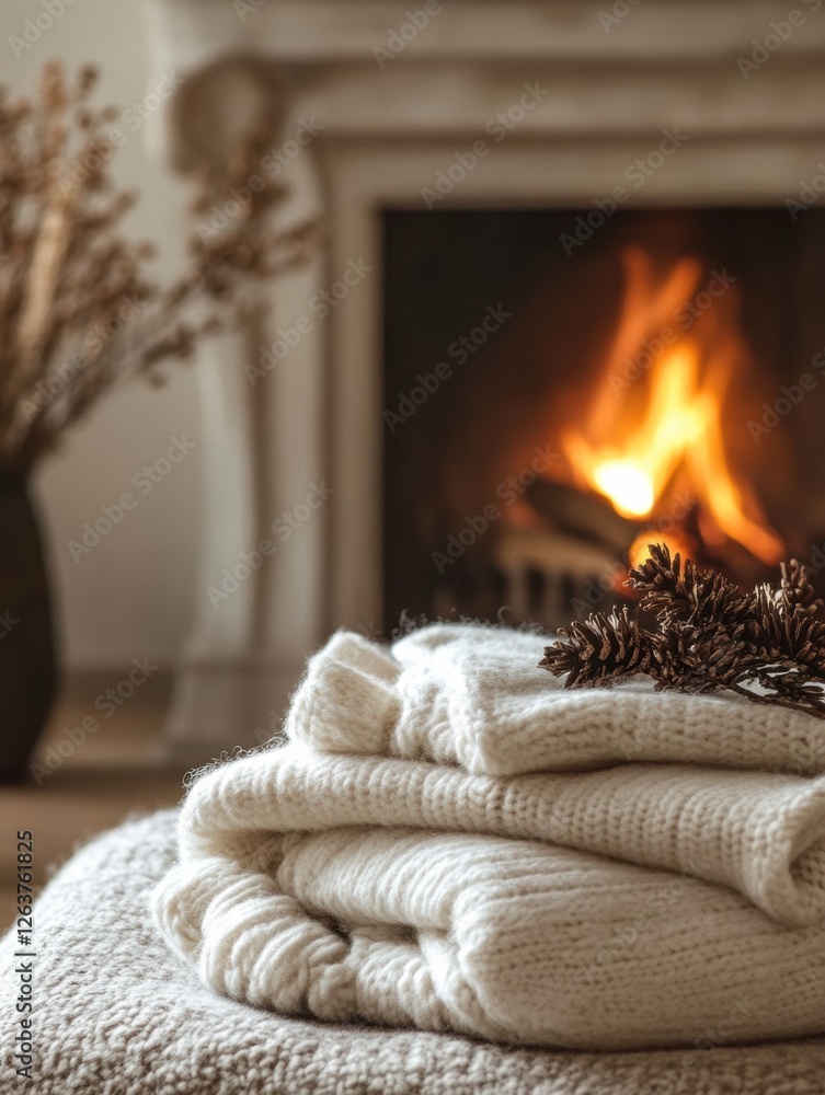 Poster cozy setting with warm blankets by a glowing fireplace in a tranquil living room during autumn. gene