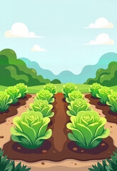 Fototapeta premium Stylized lettuce garden bed, flat design, cartoonish, fresh greens, seasonal harvest