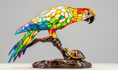 Colorful Stained Glass Parrot and Turtle Sculpture on Wood Base, Artful Home Decoration, Vivid Home Decor, Unique Artisan Craft for Nature Lovers