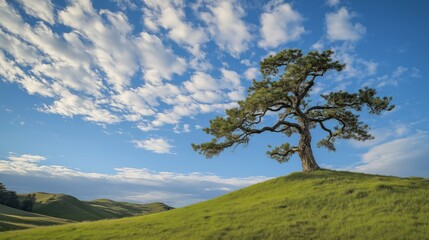 Obraz premium landscape photograph, On the right side of the image, there is single tree on a green hill. The sky is a bright blue with white fluffy clouds scattered across it. 4