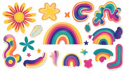 Obraz premium Set of hipster retro cool rainbow psychedelic elements. A collection of groovy cliparts iridescent from the 70s. editable stroke. Abstract design of cartoon stickers. Trend vector illustration.