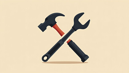 Crossed hammer and wrench on beige background