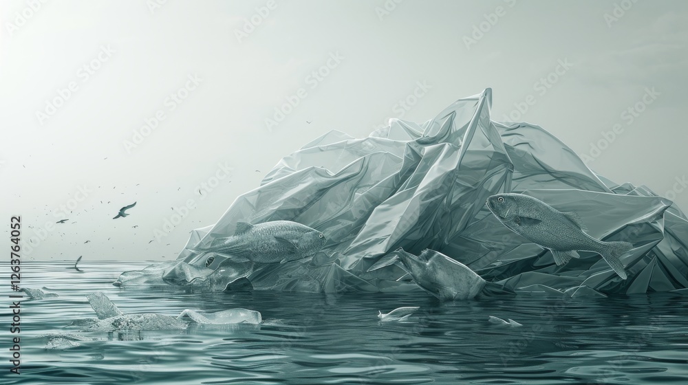 Poster a surreal depiction of a floating ice structure with fish swimming nearby in calm waters, blending n
