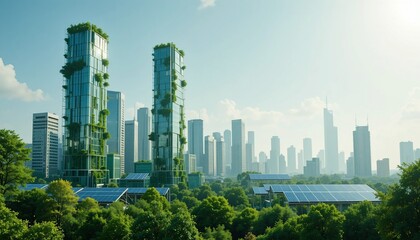Fototapeta premium Eco Friendly Cityscape Green Buildings Solar Panels and Lush Greenery