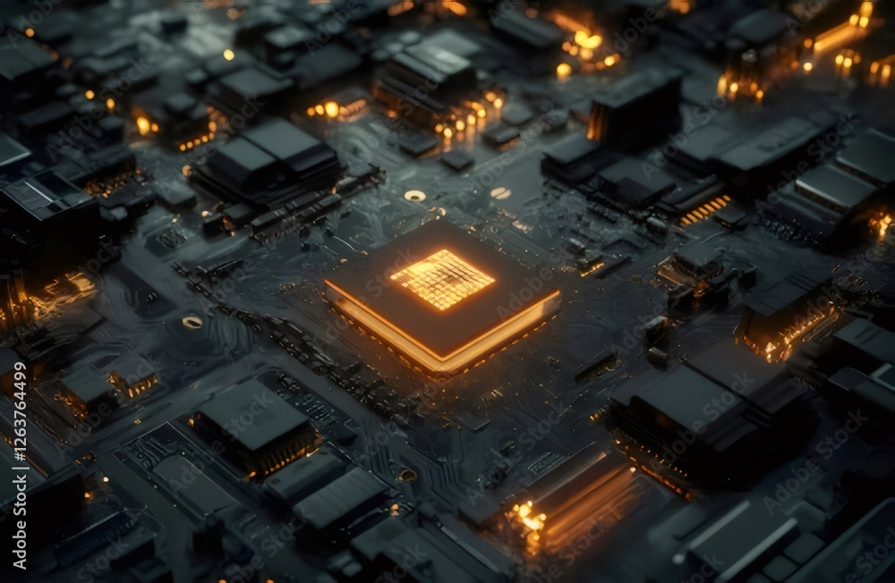 Poster illuminated central processing unit on circuit board.
