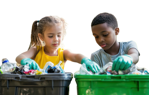 PNG Young girl and an African American boy gloves recycling children. - Powered by Adobe