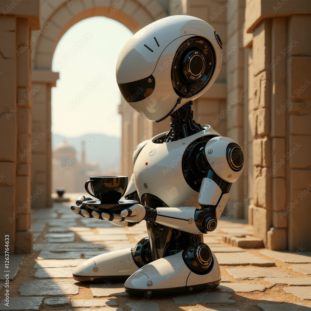 Aufkleber robot standing stone pathway archway background robot white color has round head two large circular 