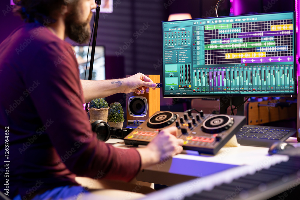 Poster professional artist using an usb stick to edit audio recordings in home studio, working in music ind