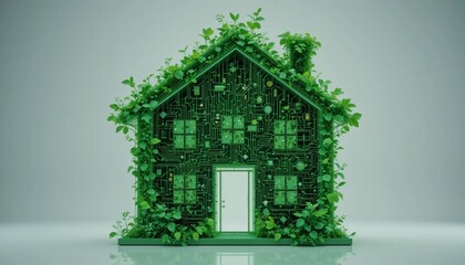 Smart Green Home Eco Friendly House with Circuit Board Design and Lush Greenery