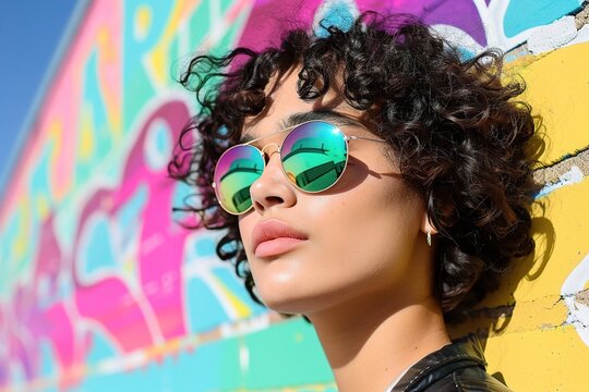 A stylish woman with curly hair and reflective sunglasses poses confidently against a vibrant graffiti wall. Urban Trendsetter, Edgy Urban