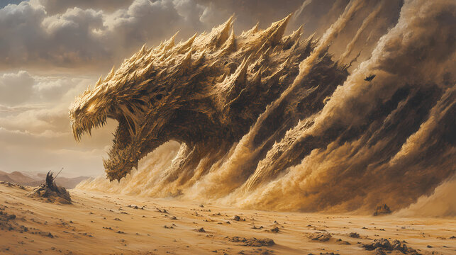 A barren desert world with colossal, shifting sand creatures whose movements create massive sandstorms. Stormborn Leviathans. Illustration