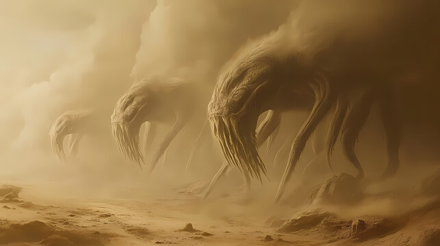 A barren desert world with colossal, shifting sand creatures whose movements create massive sandstorms. Stormborn Leviathans. Illustration