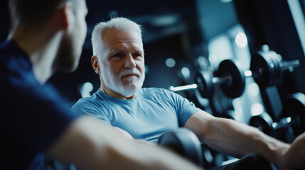 Senior fitness expert in action, elderly personal trainer spotting a client during a bench press in a modern gym