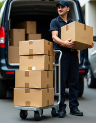 A courier dressed in a dark uniform is handling cardboard boxes on a trolley near a delivery van.