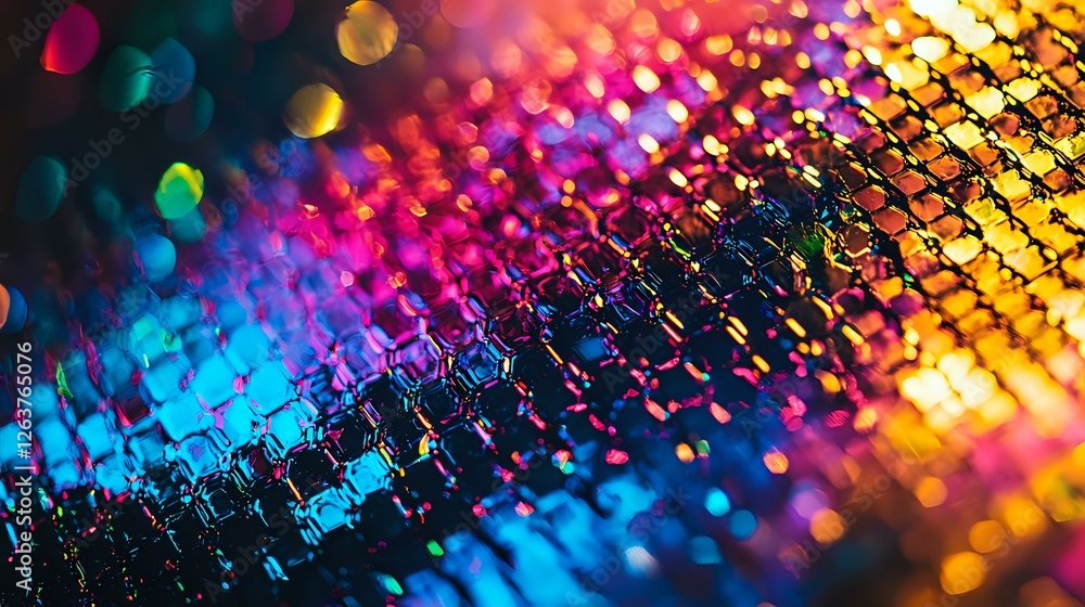 Poster vibrant rainbow bokeh effect with metallic hexagonal pattern creating abstract background of colorfu